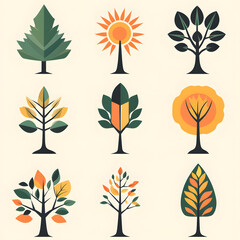 A set of minimalist tree, leaf, and sun icons designed with clean lines and geometric shapes, ideal for environmental awareness projects.
