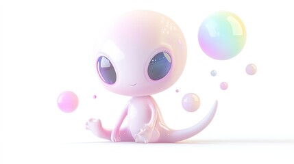 Fototapeta premium Charming alien creatures playing with bubbles in a soft fantasy environment