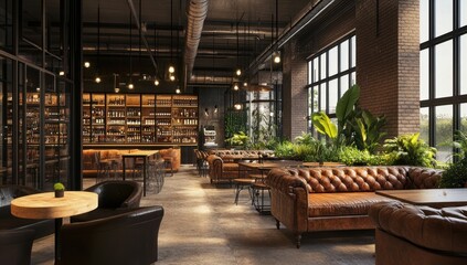 Fototapeta premium Inviting indoor bar adorned with lush greenery and classic chesterfield sofas offers a relaxed atmosphere
