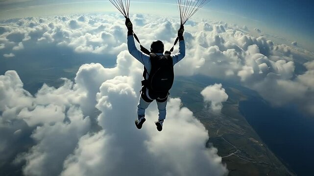Skydiver in White Suit with Parachute Above White Clouds and Blue Sky with Coastline Below Amidst Pixelated Effects Creating an Impressionistic Aerial Scene of Extreme Sport Adventure