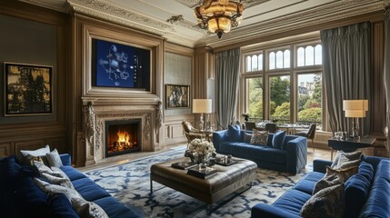 Luxury Living Room with Fireplace and Castle View