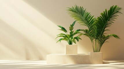 Sunlight illuminates minimalist beige studio display