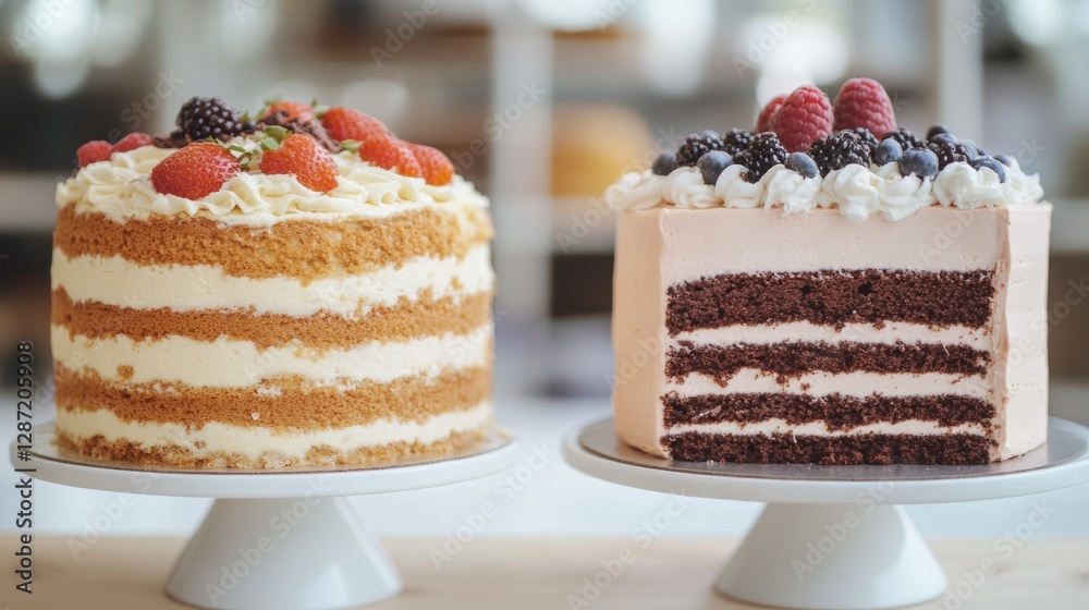 Poster delicious layered cakes on stands decorated with fresh berries at a bakery during daylight hours. ge