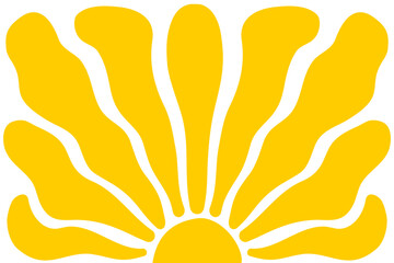 Groovy sun background. Curvy yellow rays. Sunburst, sunrise or sunset poster. Summer theme wallpaper. Trendy psychedelic print. Happy, good, positive vibes design. Vector flat illustration.