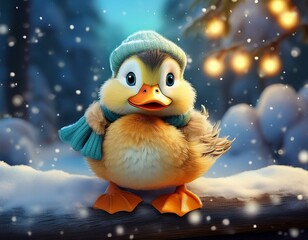 Niedliches kleines Entchen in einer Winterlandschaft