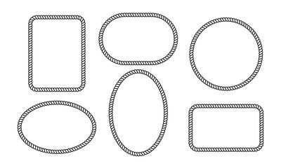 Set of rope frames. Square, circle, oval and rectangle shapes with cord, thread or cable texture isolated on white background. Photo or picture vignettes in nautical style. Vector graphic illustration