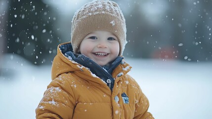 Happy Toddler Plays in Winter Snow