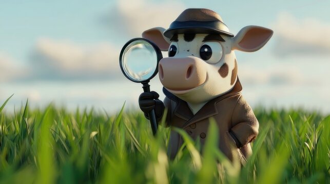 Cute cow detective examines field