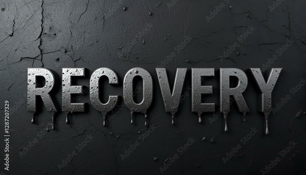 Fototapete recovery - hammered metal finish text on black studio - 3d rendered royalty free stock photo. this i