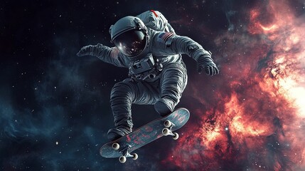 Fototapeta premium Astronaut Skateboarding Through Cosmic Nebula