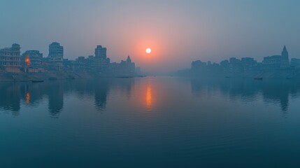 Naklejka premium Varanasi sunrise, river Ganges, misty city, boats, reflection