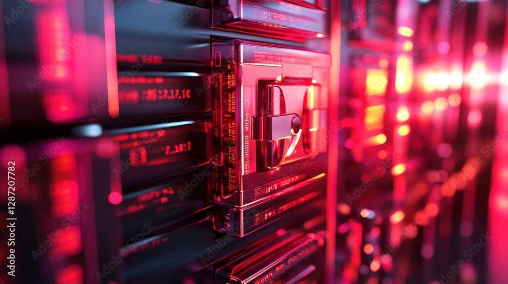 Poster red alert lights blinking on a server rack in a data center, indicating a potential cyber security b