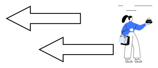Woman holding an item, pondering with two large arrows pointing in different directions. Ideal for decision making, consumer choices, options, directions, shopping dilemmas, personal decisions