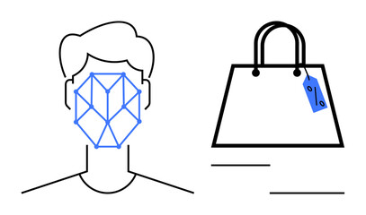 Person with a geometric pattern on face next to a shopping bag with price tag. Ideal for privacy, e-commerce, data security, consumer behavior, AI facial recognition, digital identity, online retail