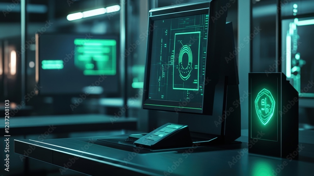 Poster futuristic cyber security user interface displaying real time data analysis and protection status on
