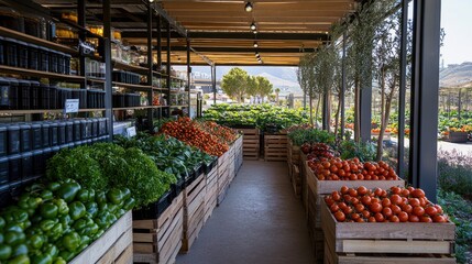 Fresh produce market with wooden crates filled with colorful vegetables and fruits under a covered outdoor space.