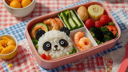 japanese kids panda bento with prawns and mixed vegetables and fruits in pink bento box