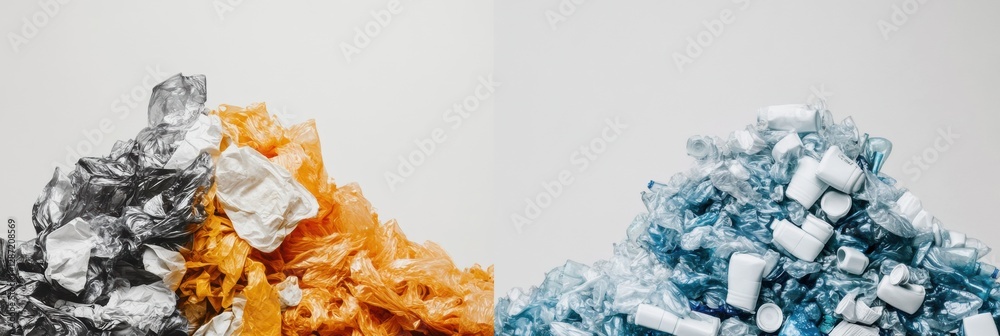 Poster contrast between plastic waste and recycled plastic products showcasing the importance of recycling 