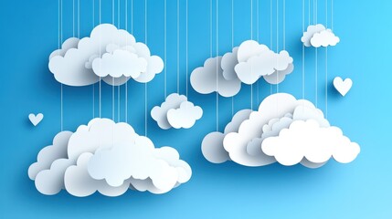 Fototapeta premium Paper clouds hanging, blue background, hearts, design element