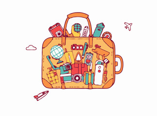 Illustrated luggage bag filled with 15 travel icons. Wanderlust theme with camera, globe, suitcase, and more.