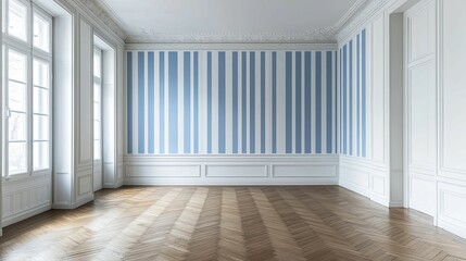 Elegant Room Featuring White Molding And Blue Striped Walls