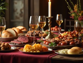Medieval banquet table displaying wine, roasted meat, bread, and fruits by candlelight