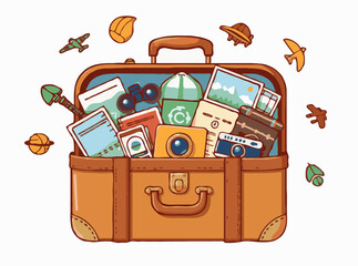Naklejka premium Collection of 15 travel icons in classic suitcase. Adventure concept with binoculars, postcards, camera, and more.