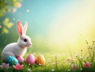 Fototapeta premium White easter bunny sitting in green grass with colorful eggs