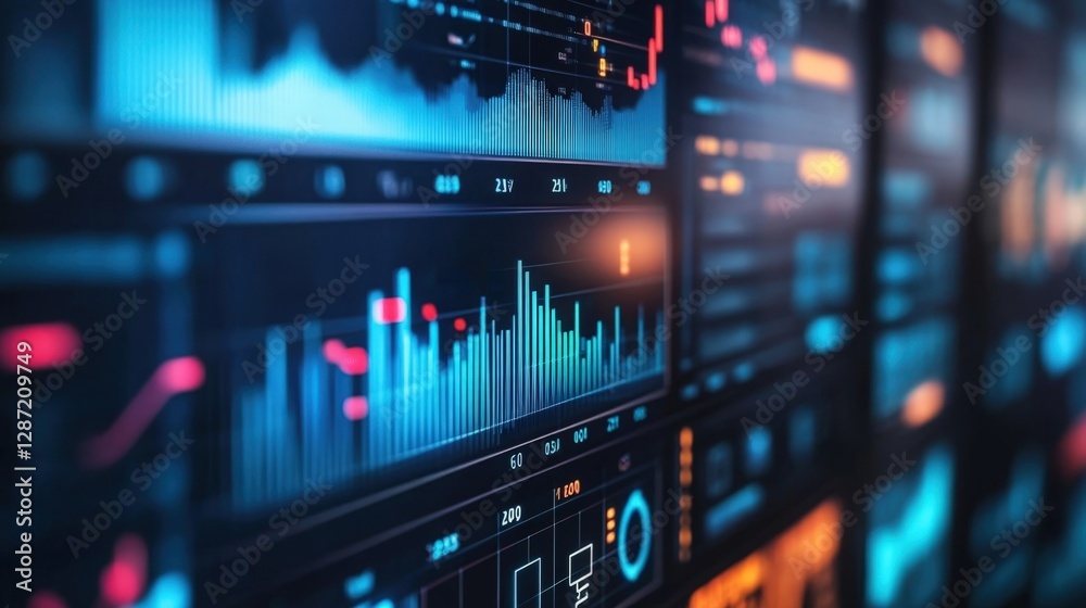 Poster complex cybersecurity monitoring system displaying real time data analysis, charts, and graphs, prov