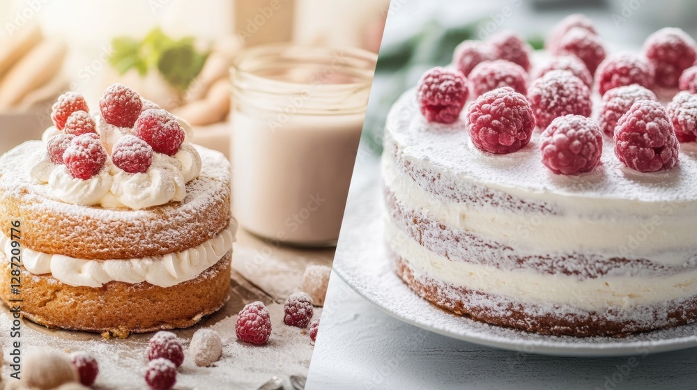 Poster Two delightful raspberry cakes with fluffy cream and powdered sugar presented on a bright kitchen countertop. Generative AI
