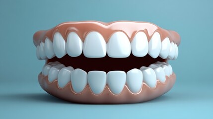 3D render of a healthy human mouth with white teeth and pink gums against a light blue background.
