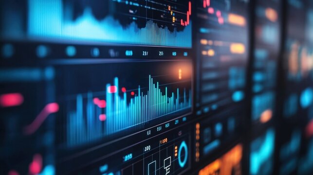 Complex cybersecurity monitoring system displaying real time data analysis, charts, and graphs, providing insights into network security, threat detection, and potential vulnerabilities