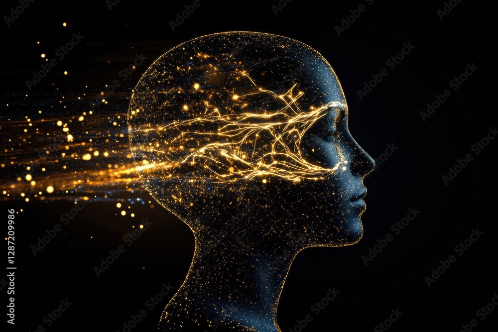 Poster Complex neural connections in a human head emerge to illustrate advances in artificial intelligence and cybernetic thought processes. Generative AI