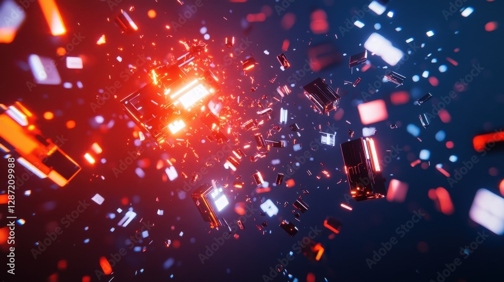 Poster cyber security concept illustrated by an exploding server emitting data packets, representing a cybe