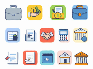 Business and finance web icons set with 15 professional icons. Briefcase, handshake, money, chart, calculator, document, bank, credit card.