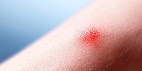 Fototapeta premium Closeup a red bump on arm. Skin diseases, dermatology, allergy, insect bite