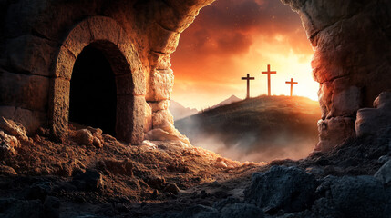 The Empty Tomb: Jesus' Resurrection at Sunrise, Easter.