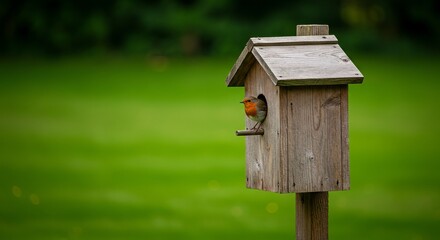 Colorful bird perched on rustic birdhouse against lush green backdrop