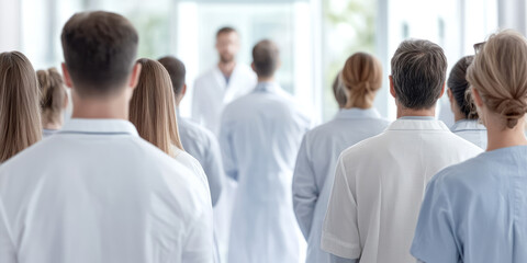 Crowd of people in the interior of clinic, queue to doctor, medical appointment record
