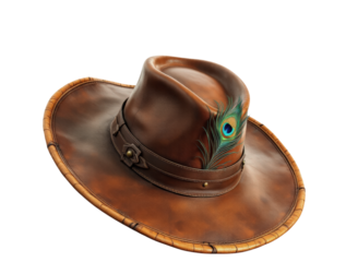 Rugged and Weathered Leather Cowboy Hat with Intricate Peacock Feather Accent, Symbolizing Adventure and Western Style, Isolated on Transparent and White Background