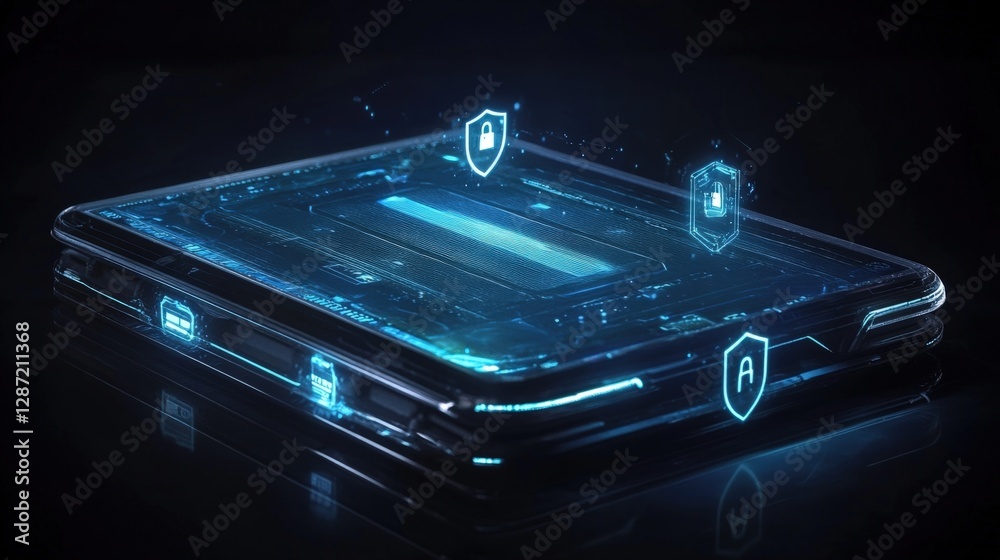Poster glowing digital security system is protecting data on futuristic microchip and motherboard, enhancin