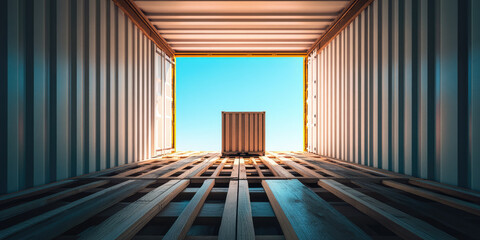 Fototapeta premium Wooden pallets stack inside empty container for cargo shipping. Sea freight delivery 