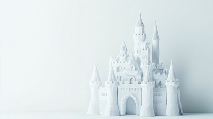A white castle sits against a white background on a surface