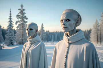 Two nordic aliens with pale skin and elongated features standing in a snowy landscape, looking mysterious and advanced in white robes