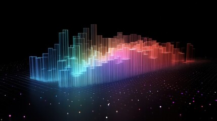 Fototapeta premium Colorful glowing bars of varying heights rise from a dark grid, creating a futuristic visualization of data analysis, big data, or cybersecurity, with a gradient of colors from blue to red