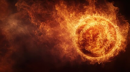 A fiery baseball surrounded by flames, creating a dramatic and intense visual effect, symbolizing power and energy.