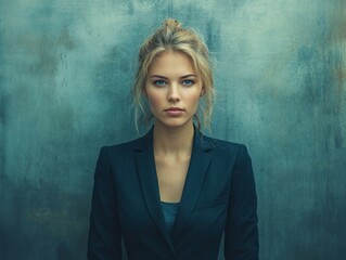 Fototapeta premium Professional Woman in a Dark Suit Against a Textured Background