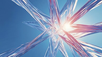 Abstract illustration of light beams and transparent shapes against a blue backdrop.