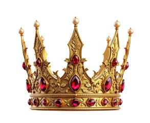 Fototapeta premium Regal Gold Crown Adorned with Exquisite Red Gemstones, Symbolizing Royalty and Elegance, Isolated on Transparent and White Background