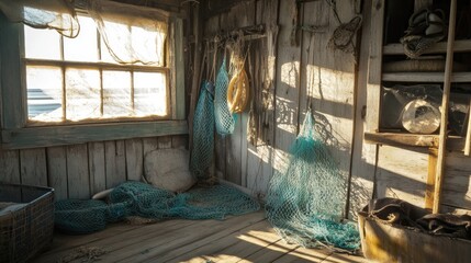 Sunlit Fishing Shack: Rustic Wooden Walls, Nets, and Gear